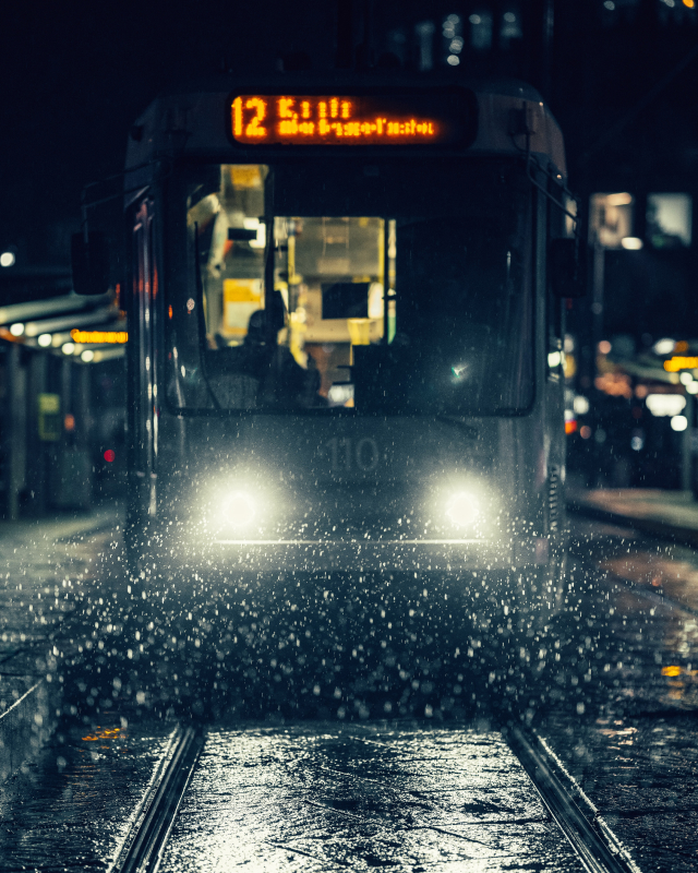 A tram in Oslo, on a rainy day
